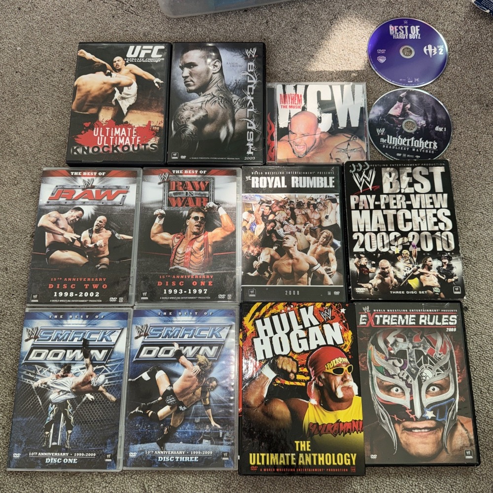 Lot 13 WWE Wrestling DVDS 18 Disks UFC WCW WWE PPV ROYAL RUMBLE HULK HOGAN